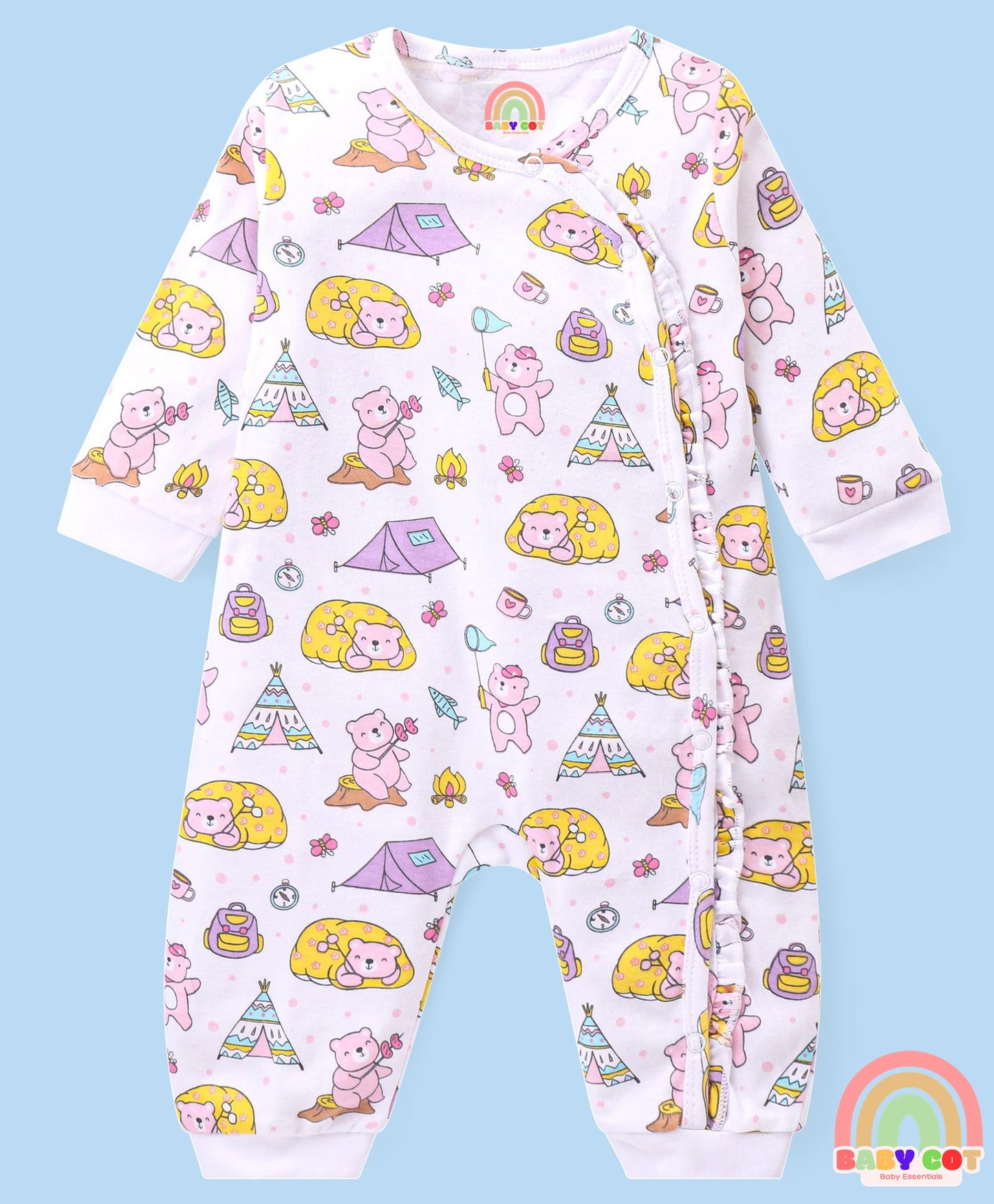 100% Cotton Knit Full Sleeves Rompers with Polka Dots & Bear Print Pack of 2 - Pink & White