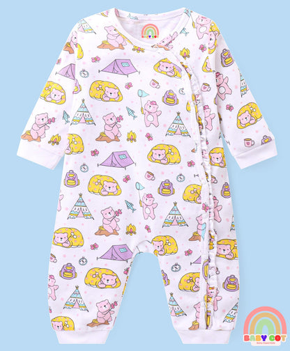 100% Cotton Knit Full Sleeves Rompers with Polka Dots & Bear Print Pack of 2 - Pink & White