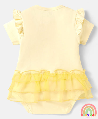 Interlock Knit Half Sleeves Onesie With Frill Detailing & Cinderella Graphics - Off White