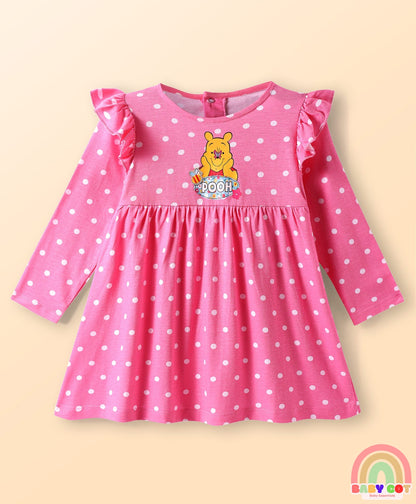 Single Jersey Knit Full Sleeves Frock With Winnie The Pooh Graphics & Frill Detailing Pack of 2 - Dark Pink & Light Blue
