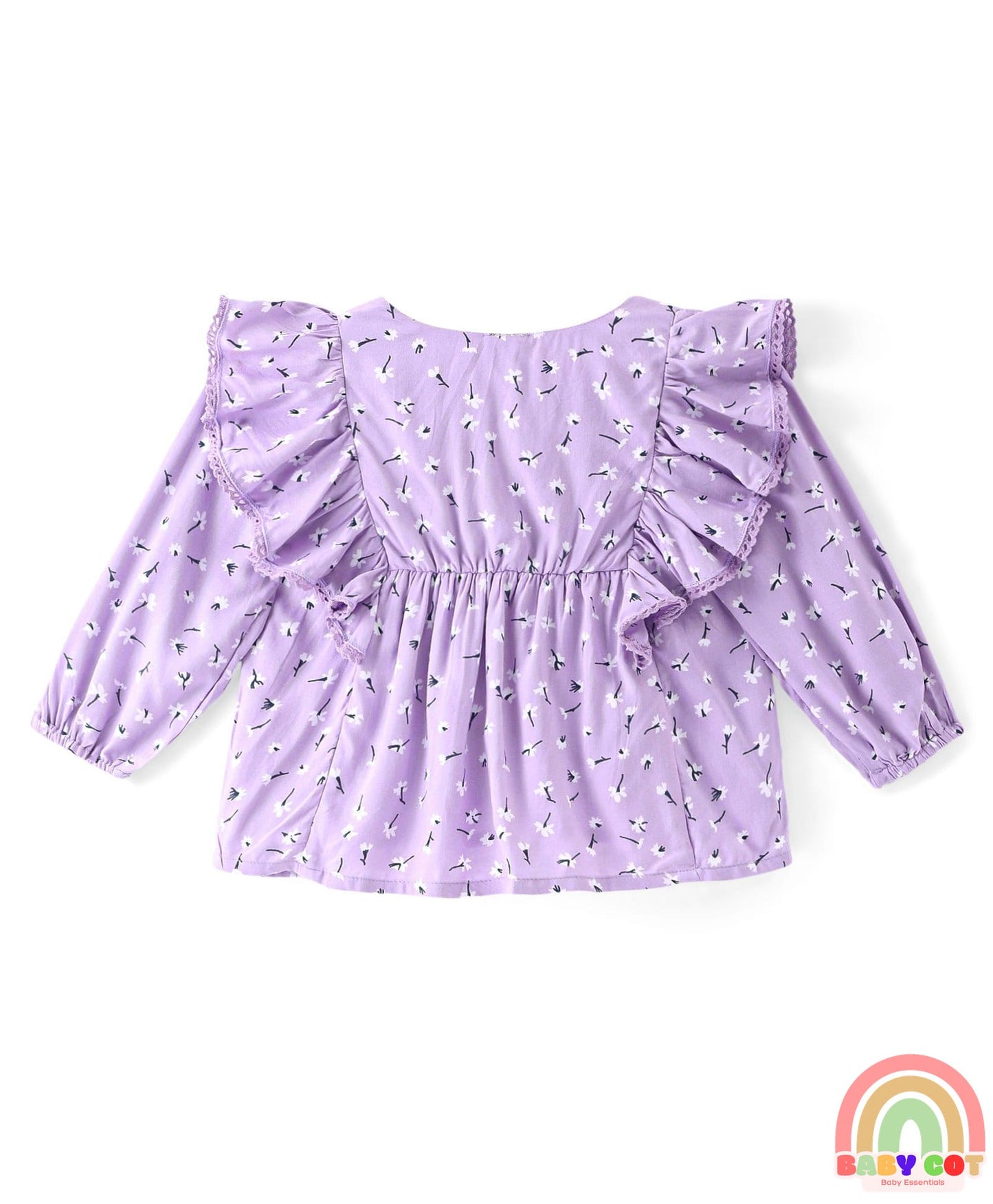 Rayon Knit Full Sleeves Top with Floral Print & Frill Detailing - Purple