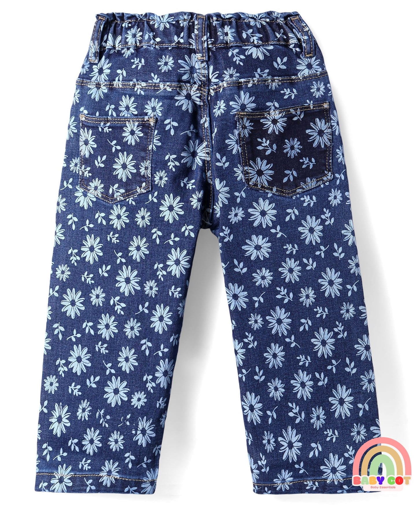 Denim Full Length Stretch Jeans With Floral Print - Blue