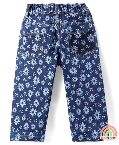 Denim Full Length Stretch Jeans With Floral Print - Blue