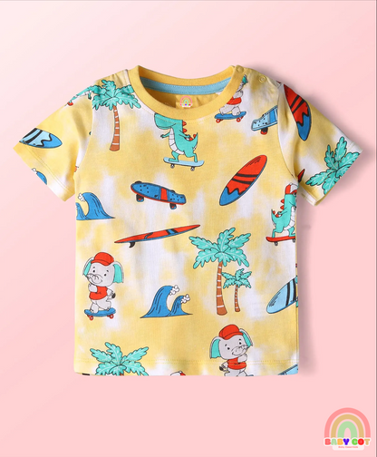 Single Jersey Knit Half Sleeves T-Shirt & Shorts Set With Beach Theme Print - Yellow & Blue
