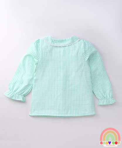 Full Sleeves Floral Embroidered Checks Top With Peter Pan Collar - Light Blue