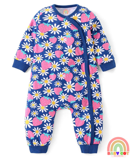 100% Interlock Cotton Knit Full Sleeves Rompers With Strawberries & Floral Print Pack of 2 - Yellow & Blue