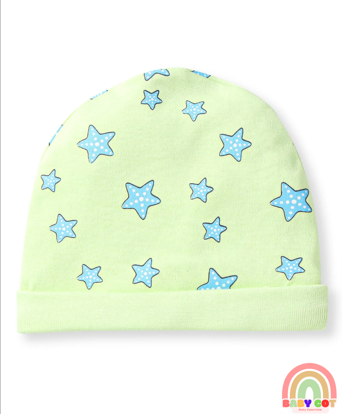 100% Cotton Knit Cap Mittens & Booties With Star Print - Light Green