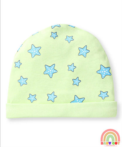 100% Cotton Knit Cap Mittens & Booties With Star Print - Light Green