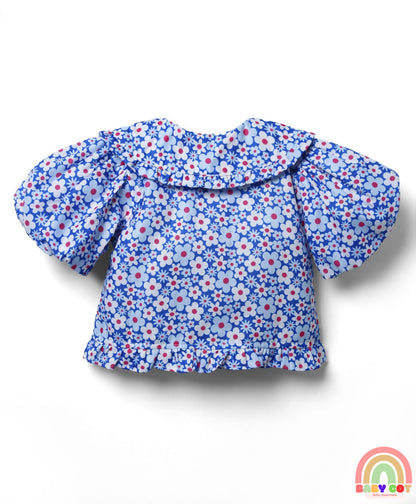 Woven Half Puffed Sleeves Peter Pan Collared Top with Floral Print - Blue