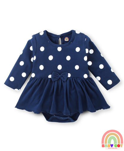 100 % Cotton Knit Full Sleeves Frock Style Onesie With Hairband Polka Dot Print-Navy Blue