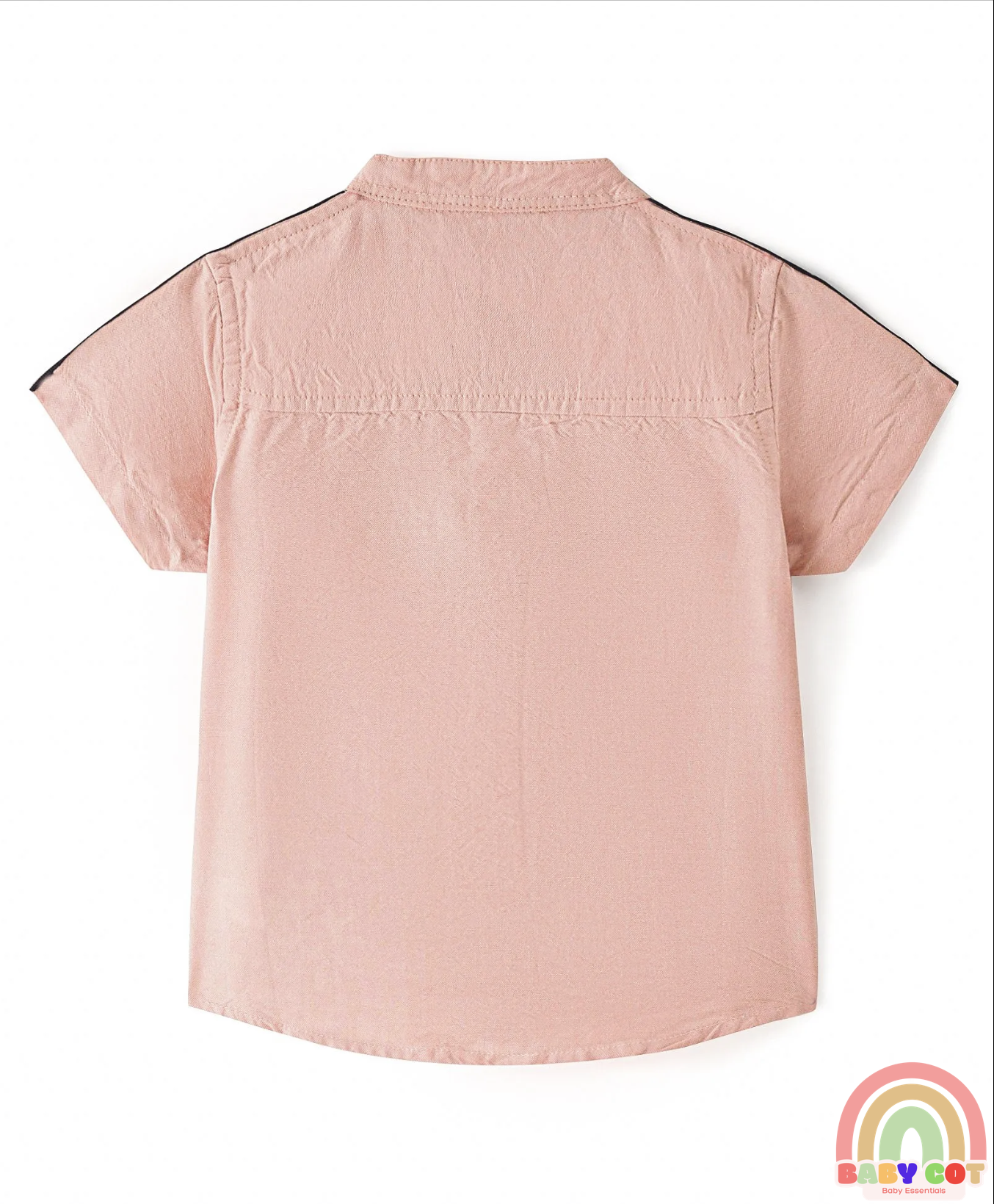 Cotton Woven Half Sleeves Solid Color Shirt With Mandarin Collar Text Embroidered - Light Peach