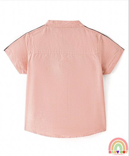 Cotton Woven Half Sleeves Solid Color Shirt With Mandarin Collar Text Embroidered - Light Peach