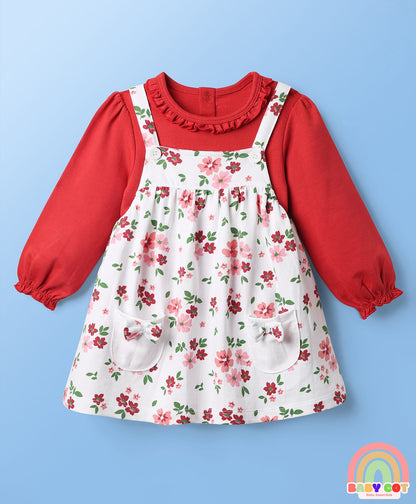 Cotton Knit Full Sleeves T-Shirt & Frock with Floral Print - Red & White