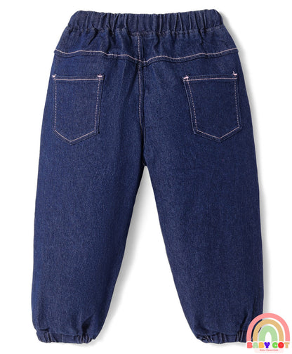 Full Length Washed Denim Jeans With Stretch - Navy Blue