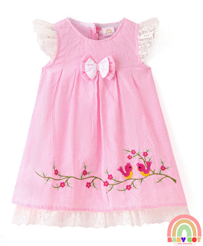 Cotton Woven Frill Sleeves Floral Embroidered & Lace Detailing Frock With Bloomer & Headband - Pink