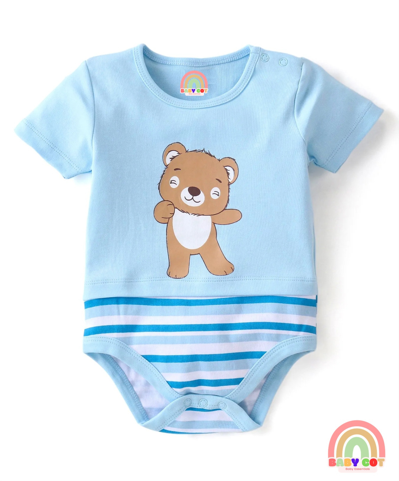 100% Cotton Knit Half Sleeves Onesies Stripes & Bear Print Pack Of 5 - Blue Yellow & White