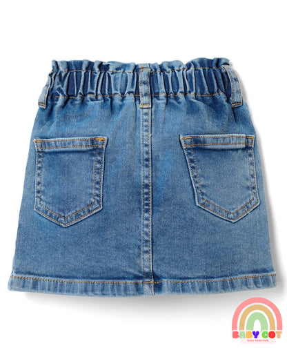 Mid Thigh Denim Skirt with Floral Embroidery - Blue