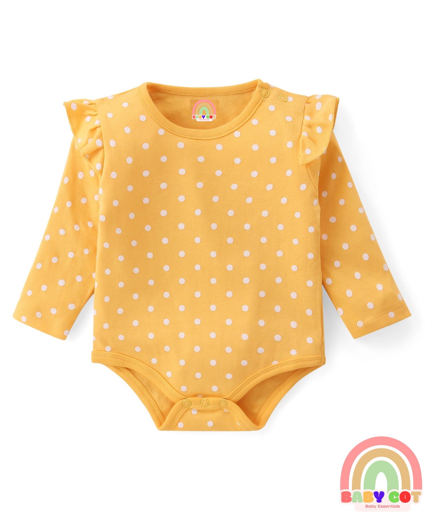 100% Cotton Knit Full Sleeves Onesies with Polka Dots Floral Print & Frill Detailing Pack of 3 - Yellow Pink & White