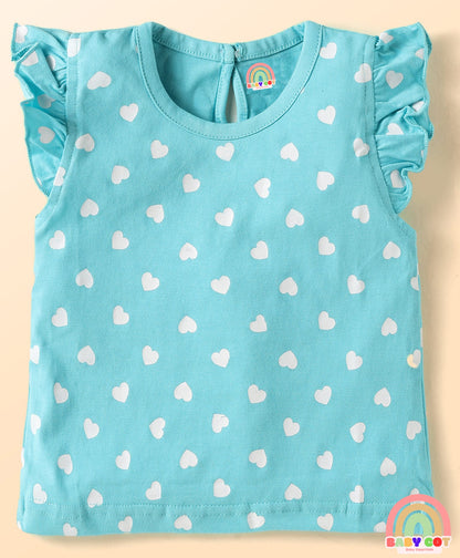 Cotton Knit Frill Sleeves T-Shirts With Polka Dot & Tropical Print Pack 3 - Pink & Light Blue