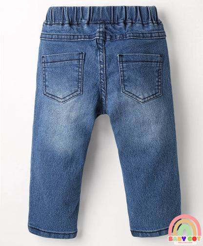 Full Length Denim Jeggings With Stretch Floral Embroidery - Blue