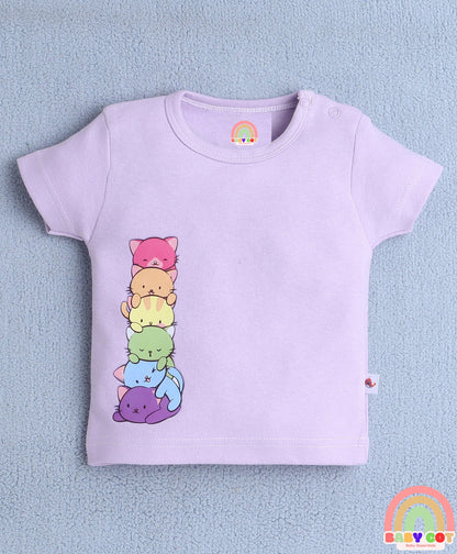 Cotton Knit Half Sleeves Cute Baby Cats Printed Tee & Coordinating Shorts Set - Lavender