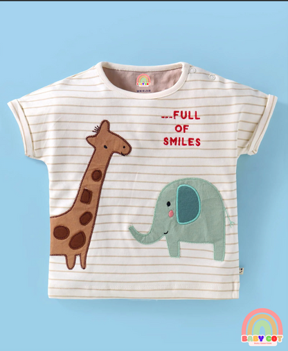 Interlock Knit Half Sleeves Striped T-Shirt & Shorts Set With Animal Print - Cream