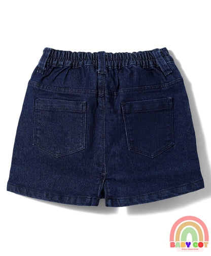 Mid Thigh Denim Washed Skirt With Stretch - Navy Blue