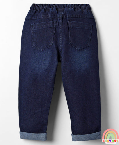 Denim Full Length Washed Jeans With Stretch & Text Print - Navy Blue