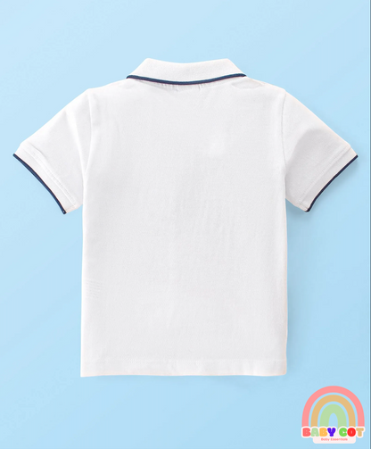 100% Cotton Knit Half Sleeves Polo T-Shirt with Text Graphics - White