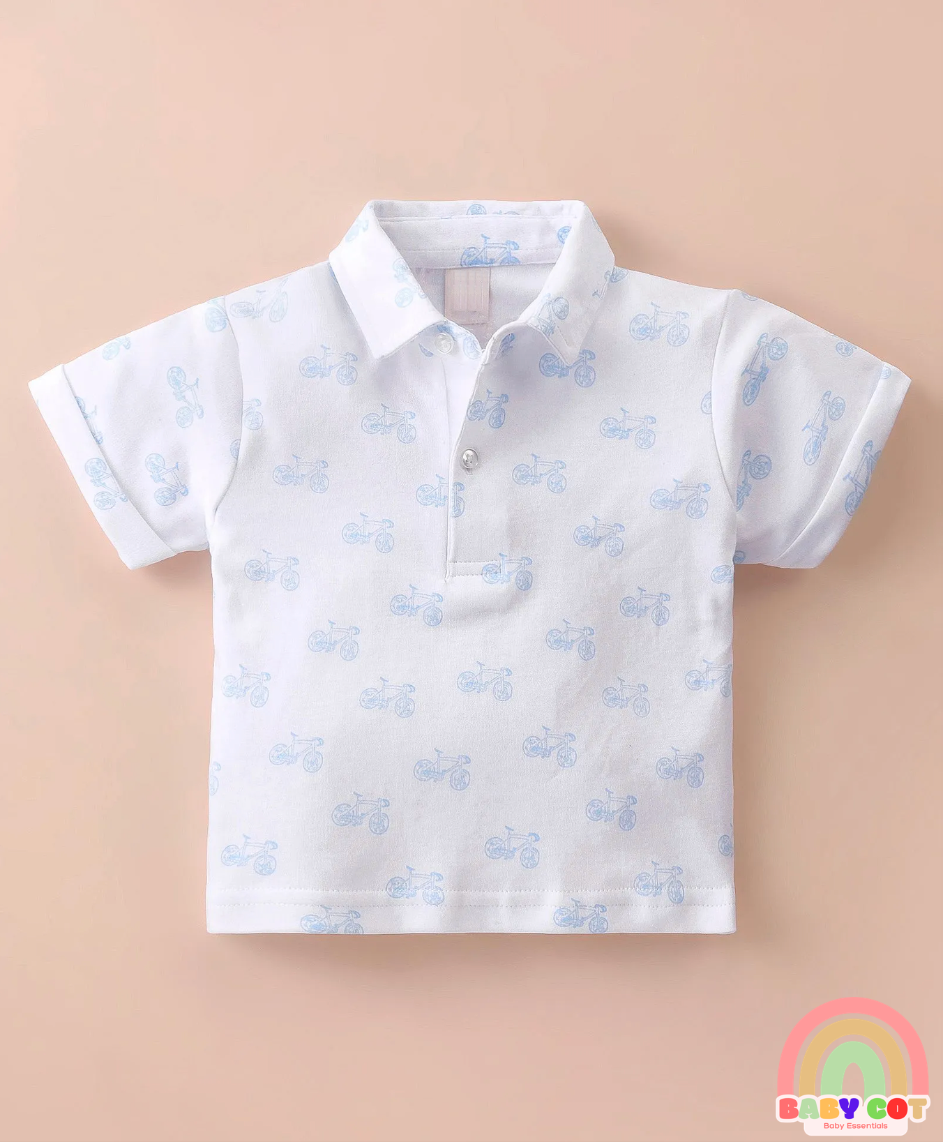 100% Cotton Knit Half Sleeves Printed Polo T-Shirt & Woven Cotton Checkered Shorts With Bow & Suspender - White & Blue
