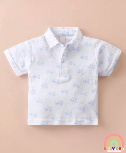 100% Cotton Knit Half Sleeves Printed Polo T-Shirt & Woven Cotton Checkered Shorts With Bow & Suspender - White & Blue