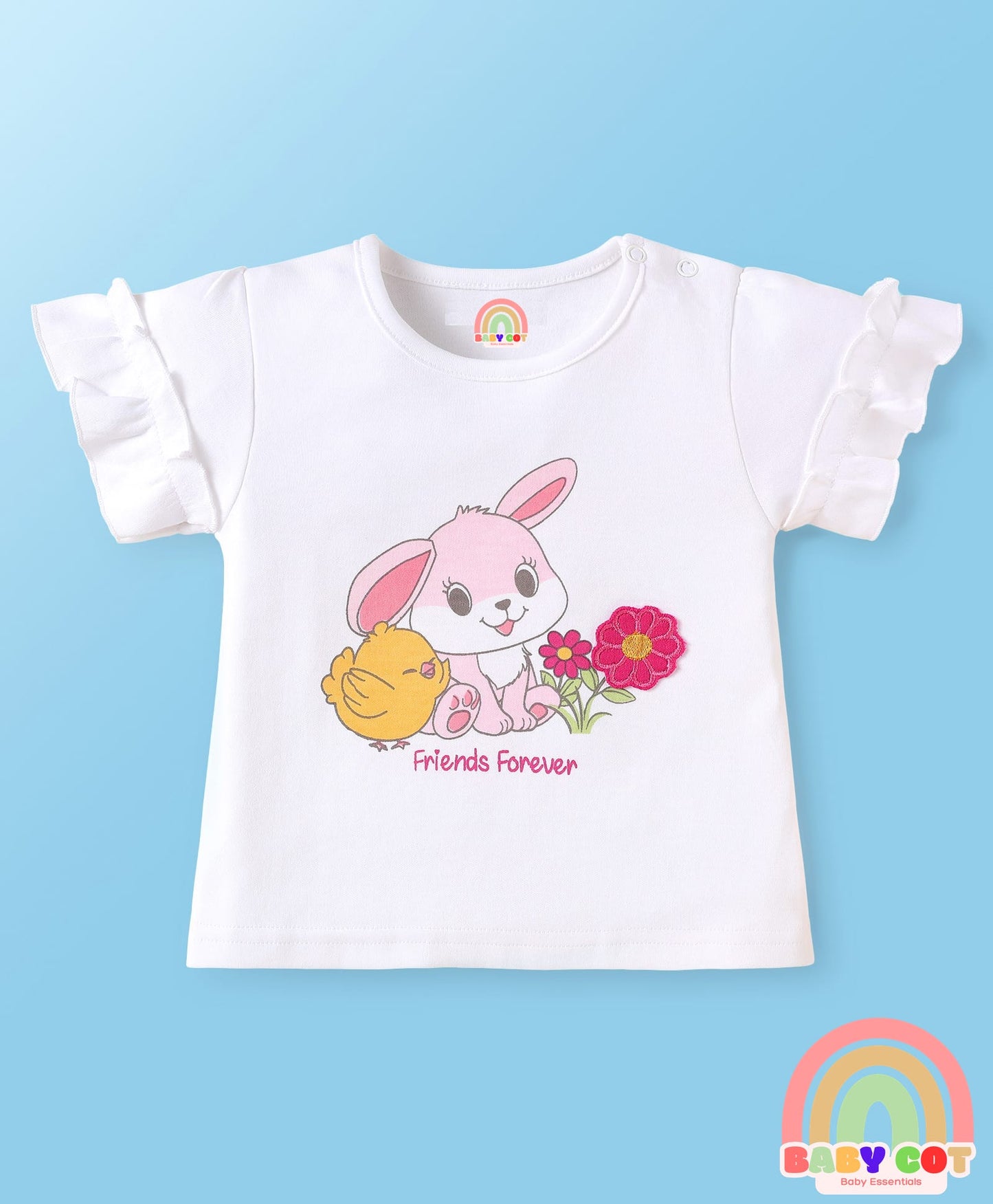Interlock Knit Half Frill Sleeves T-Shirt & Shorts Set with Bunny Print & Bow Applique - Pink & White