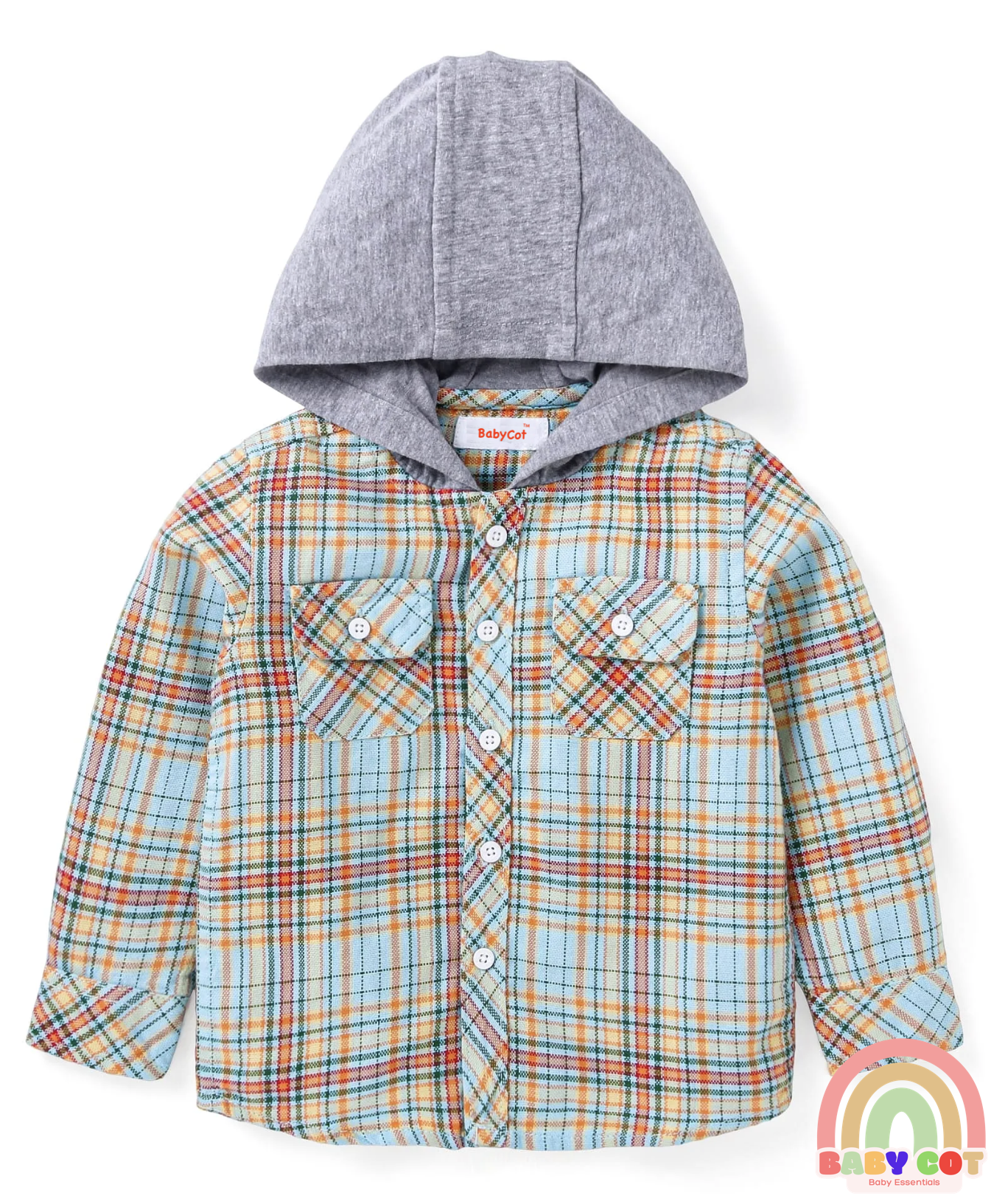 Cotton Woven Full Sleeves Hooded Shirt With Checks - Light Blue