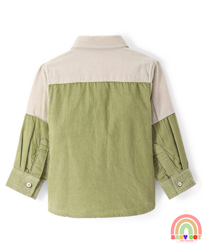 Cotton Woven Full Sleeves Colour Block Courdroy Shirt - Olive Green & White