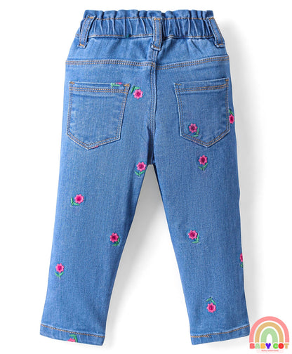 Full Length Stretchable Denim Jeans with Floral Embroidery - Blue