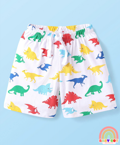 Single Jersey Knit Shorts with Stripes & Dino Print Pack of 3 - Yellow & White