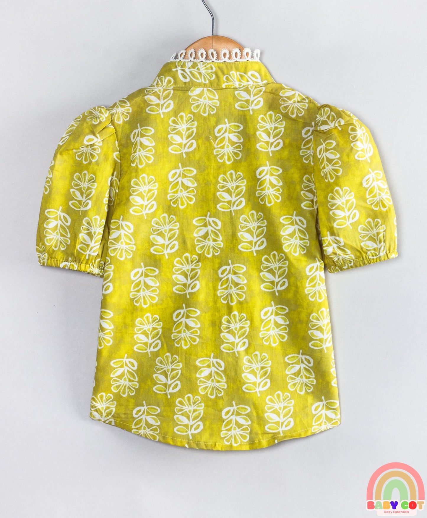 Cotton Woven Half Puffed Sleeves Floral Printed Lace Detailed Shirt Style Top - Green