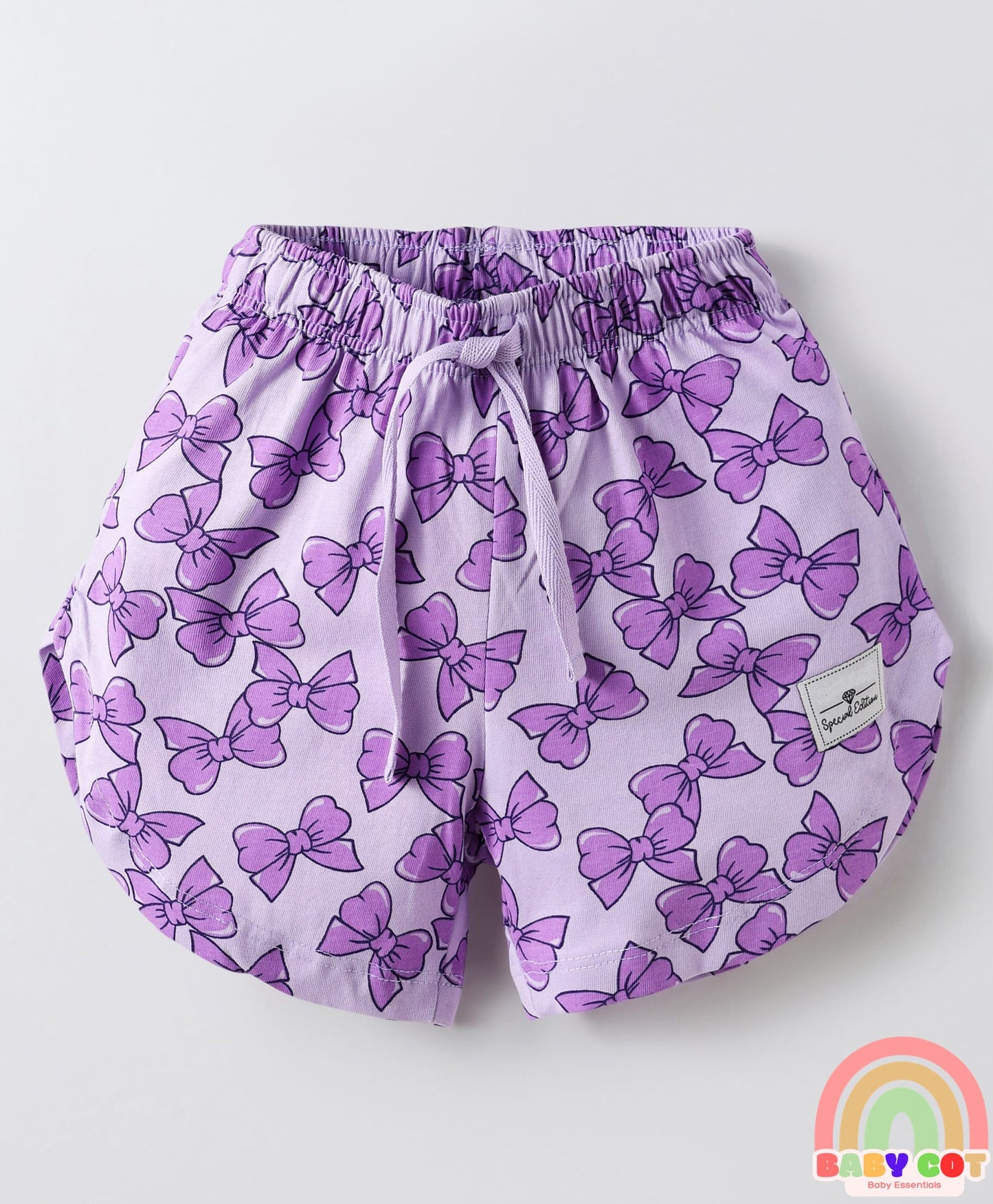 Sinker Knit Above Knee Length Shorts With Bow & Beach Theme Print Pack Of 3 - Purple Pink & Light Yellow