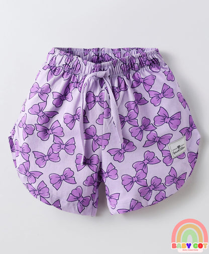 Sinker Knit Above Knee Length Shorts With Bow & Beach Theme Print Pack Of 3 - Purple Pink & Light Yellow