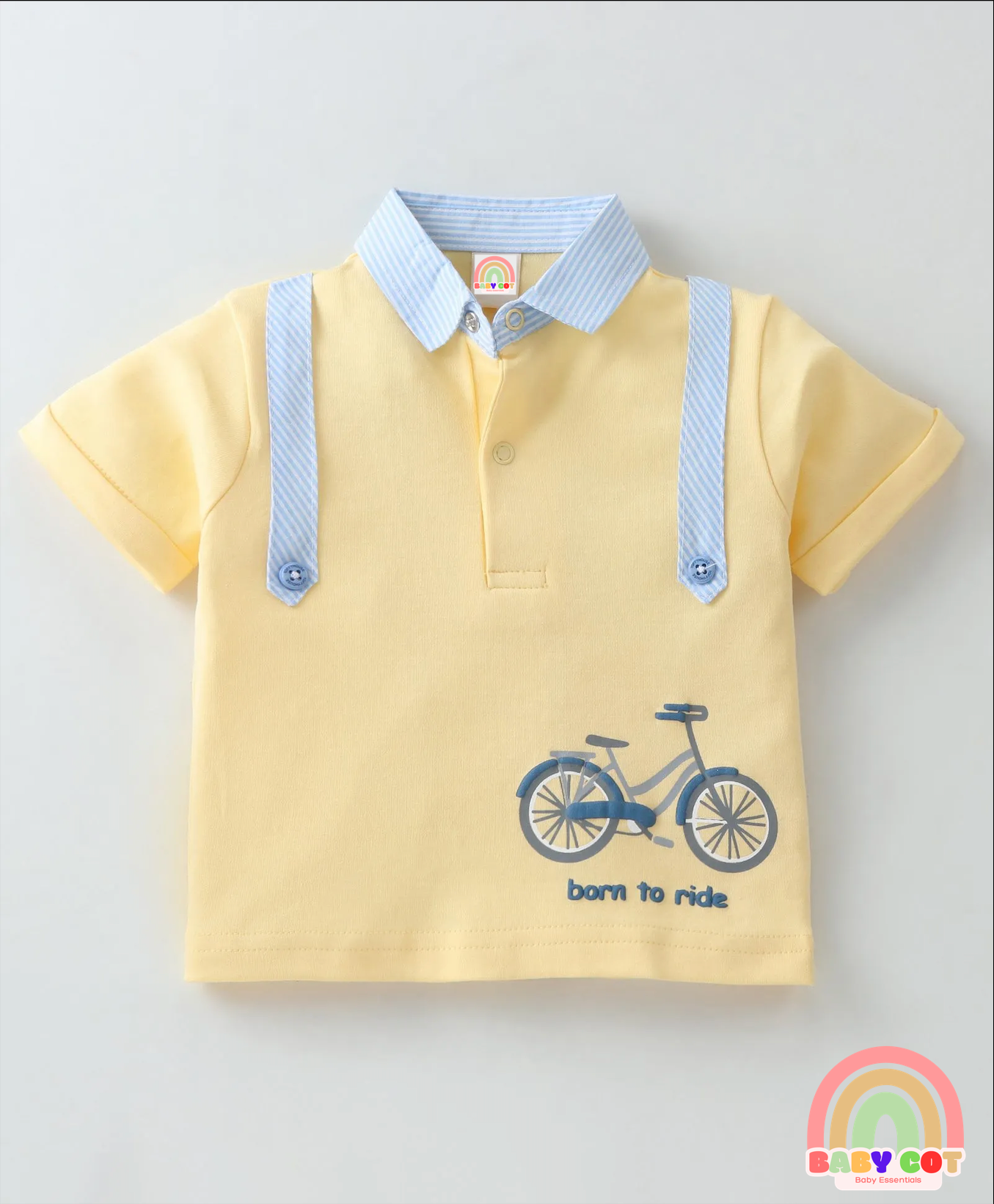 100% Cotton Knit Half Sleeves Polo T-Shirt & Woven Striped Shorts Set With Bicycle Print - Light Yellow & Sky Blue