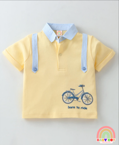 100% Cotton Knit Half Sleeves Polo T-Shirt & Woven Striped Shorts Set With Bicycle Print - Light Yellow & Sky Blue