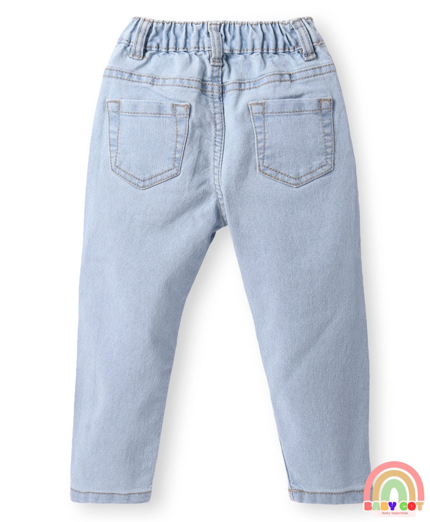 Denim Full Length Washed Jeans With Stretch & Floral Embroidery - Light Blue