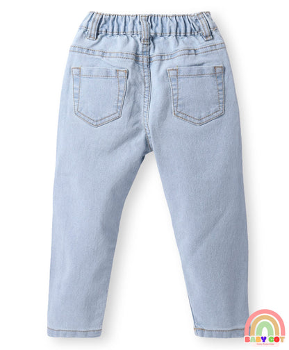 Denim Full Length Washed Jeans With Stretch & Floral Embroidery - Light Blue
