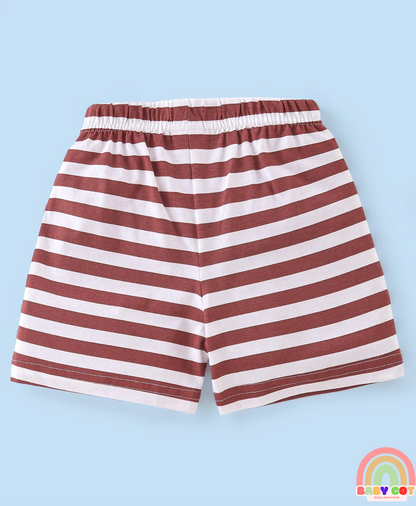 Cotton Knit Striped and Bear Printed Shorts Pack of 3 - Green White and Brown