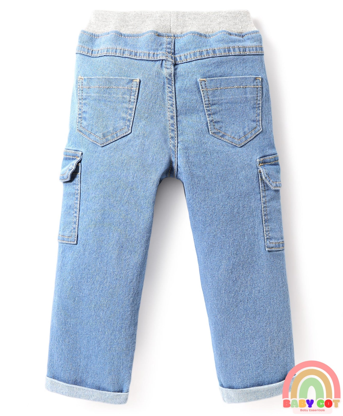 Full Length Washed Denim Jeans with Stretch & Patch Detailing - Light Blue