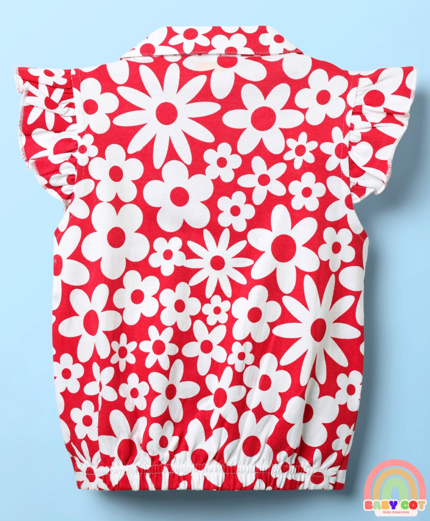 Cotton Knit Frill Sleeves Knotted Top with Floral Print - Red