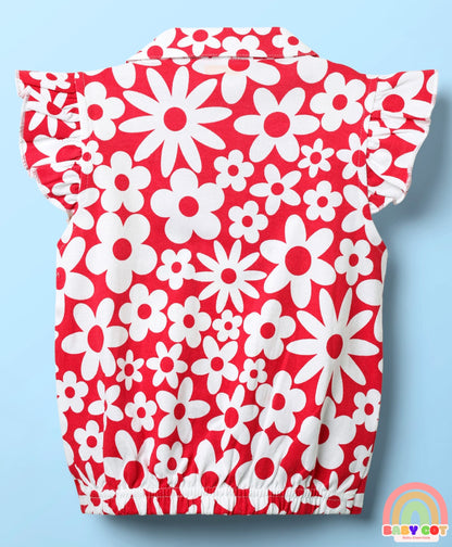 Cotton Knit Frill Sleeves Knotted Top with Floral Print - Red