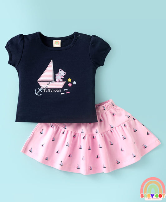 Cotton Woven Half Sleeves Top & Skirt Set With Boat Print & Embroidery - Navy Blue