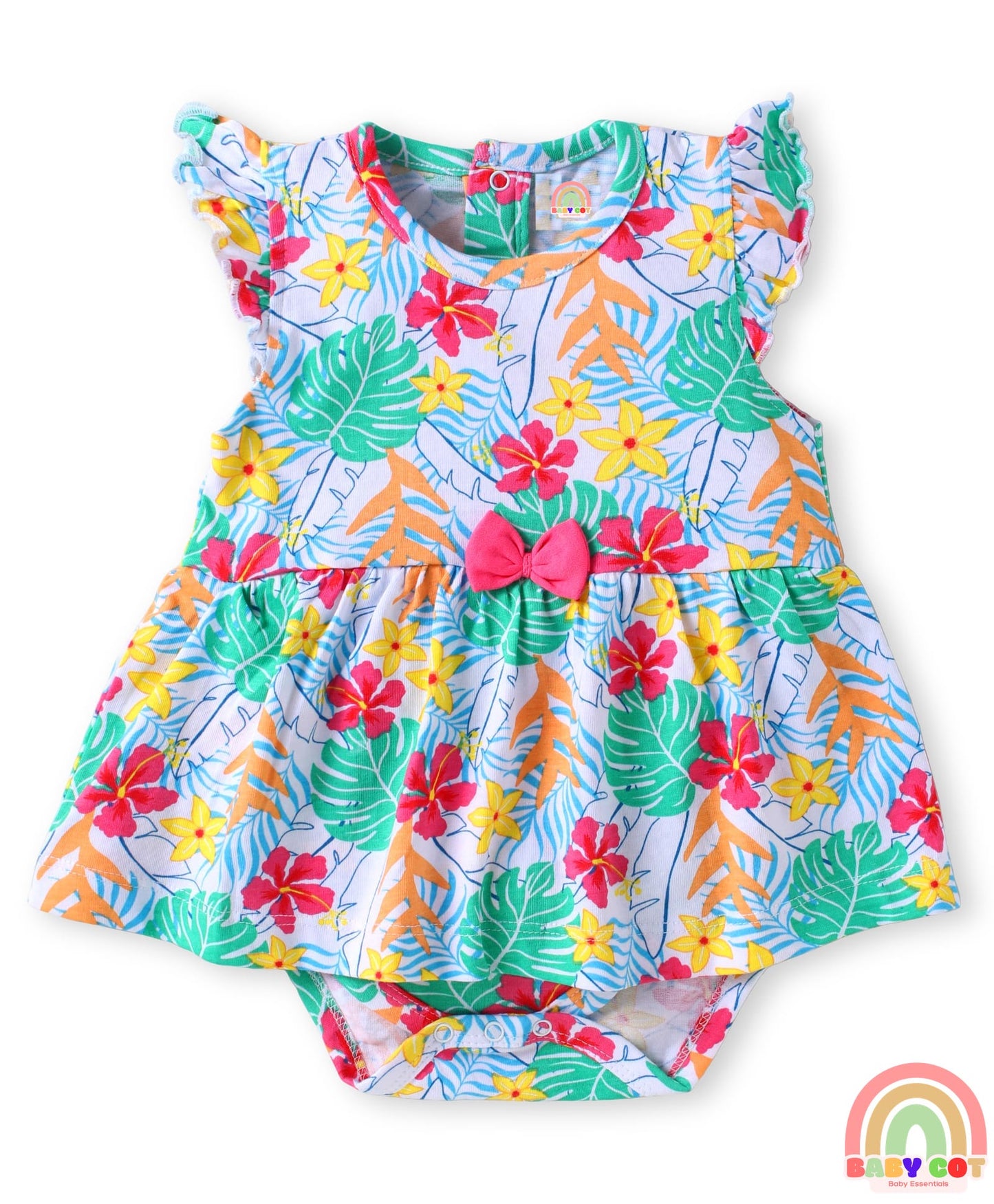 Single Jersey Knit Sleeveless Frock Style Onesie With Floral Print & Hairband - White