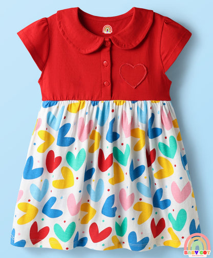Single Jersey Knit Half Sleeves Heart Printed Frock With Bloomers - Red